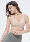 Right-side angle of wireless V-neck bra on model