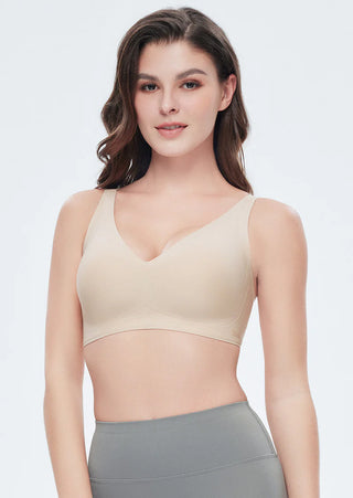 Nude V-neck seamless bra on model