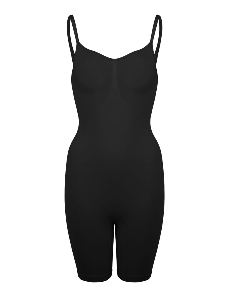 niidor-Black Seamless Barely There Mid-Thigh Bodysuit shapewear for tummy and thighs
